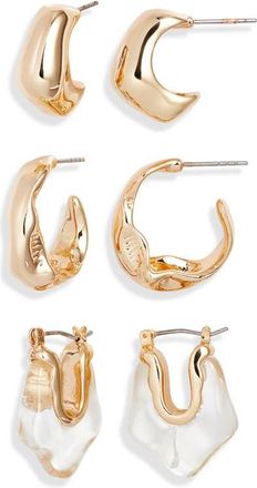 Open Edit Set of 3 Organic Shape Hoop Earrings in Clear- Gold at Nordstrom