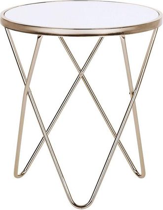 Beliani Beliani - Mesa auxiliar tablero de cristal templado blanco patas de horquilla de metal dorado forma redonda Meridian ii