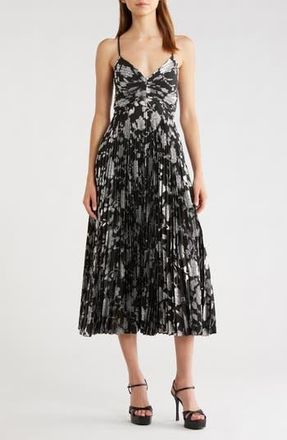 ASTR the Label Saoirse Floral Metallic Pleated Mini Dress in Black Silver at Nordstrom Rack, Size X-Small