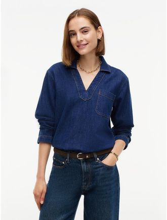 Tommy Hilfiger Womens Denim V-Neck Pullover Shirt - Dark Wash - XXL