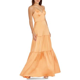 Dress The Population Tess Tiered Satin Gown in Apricot at Nordstrom Rack, Size Large