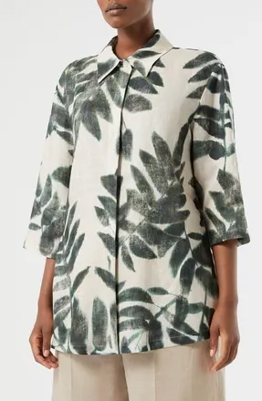 Marina Rinaldi Abetaia Leaf Print Linen Jacket in Olive Green at Nordstrom, Size 16W