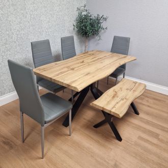 Kosy Koala Wooden Dining Table X-Shaped Legs with 4 Grey Leather Chairs & Bench - Dining Kitchen Room Furniture in Brown