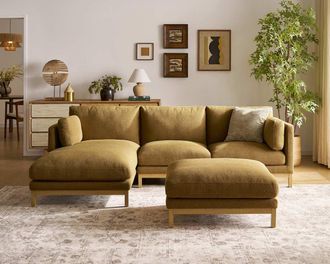 Castlery Owen Left Chaise Sectional Couch with Ottoman, Basketweave Caramel, Blonde Oak Leg, Brown