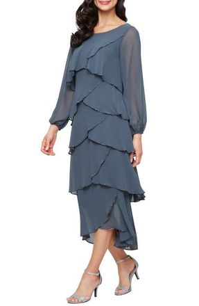 S.L. Fashions Beaded Long Sleeve Tiered Cocktail Dress in Slate at Nordstrom, Size 16