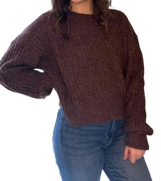 Miss Love Solid Ribbed Knit Drop Shoulder Sweater In Chocolate Brown
