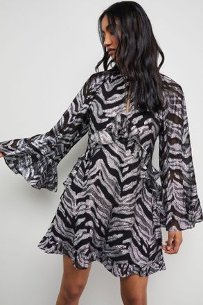 Warehouse Womens Flippy Hem Volume Sleeve Viscose Zebra Jacquard Dress - Black - Size 10 UK