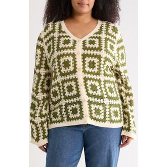 Forgotten Grace Crochet Square Open Knit Cardigan in Olive at Nordstrom Rack, Size 2X