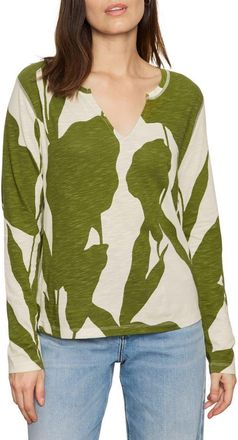Sanctuary Print Split Neck Knit Top in Martini Abstract Green at Nordstrom, Size Xx-Small