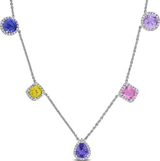 Mimi & Max 4 1/10ct TGW Green Pruple Sapphire 3/8ct TW Diamond Halo Station Necklace 14k Rose Gold