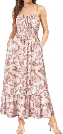 Grace Karin Women Casual Flowy Strappy Floral Long Beach Dress A Line Smocked Maxi Dress for Summer Beige Paisley Flower M