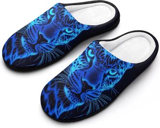Generic Glowing Blue Leopard Mens House Slippers Memory Foam Washable Cotton Slip on Home Shoes