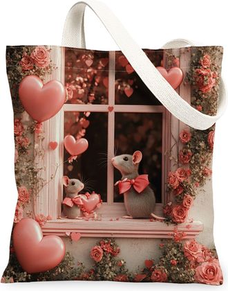 Generic Valentines Day Mouse Rat Canvas Tote Bag for Shopping 13x15, Window Couple Animal Lover Reusable Grocery Print Pattern Bag for Women, Holiday Beach Ae