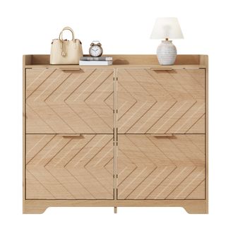 STILVORA Mueble Zapatero Con 4 Compartimentos Abatibles, Encimera Superior, Frente 3d Para Entrada En Mdf, Natural 105 &times; 24 &times; 90 Cm