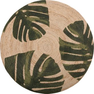 Beliani Alfombra Redonda De Yute Verde 140 Cm Sal&oacute;n Dormitorio Hoja Tropical Monstera Decorativa Incik