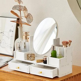 Trade Shop Trade Shop - Specchio Trucco Montaggio Su Com&ograve; Con Cassetti In Legno Organizer Gioielli Pennelli