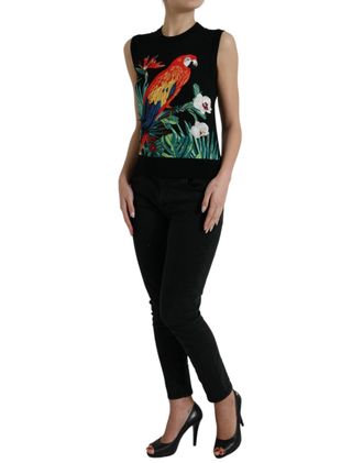 Dolce & Gabbana Womens Black Jungle Crew Neck Sleeveless Tank Top Virgin Wool Silk