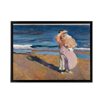 Artery8 Sorolla Fisherwomen With Her Son Framed Canvas Wall Art Print | Size: W24 x H32