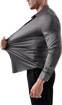 Generic Muscle Fit Long Sleeve Dress Shirt for Men, Stretch Solid Non-Iron Anti-Wrinkle Shirts, Lapel Elastic Blouse Business Tops (Grey,S)