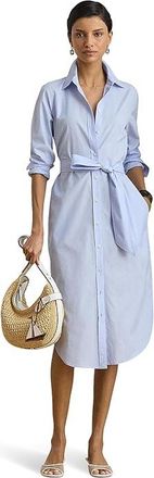 Lauren Ralph Lauren End-On-End Cotton Shirtdress Womens Dress Light Sky Blue : 16