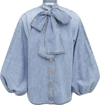 Zimmermann Indra Denim Blouse met Strik - Dames - Spijkeroverhemden - Blauw - 3XS - Denim - Overhemden
