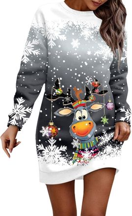 Generic Christmas Sweater Dress for Womens UK Xmas Jumper Sweater Tunic Christmas Jumper Dress for Women UK Cute Reindeer Santa Xmas Tops Long Sleeve O Neck P