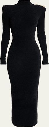 Balmain 3-Button Strong-Shoulder Backless Midi Dress