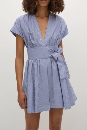 Faithfull The Brand Lova Belted V-Neck Mini Dress In Helle Stripe Vintage Navy