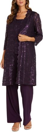 R & M Richards Lace 3/4 Sleeve 3-Piece Pants Set In Plum