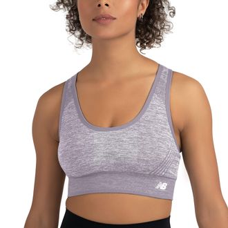 New Balance Seamless Womens Medium Impact Racerback Sports Bra - Padded Workout Yoga Top, Strata, S