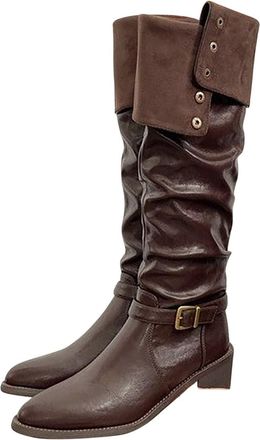Generic Womens Knee High Boots Pointed Toe Casual Long Booties Stylish Solid Color Buckle Chunky Heel Comfy Pull On Riding Boots Classic