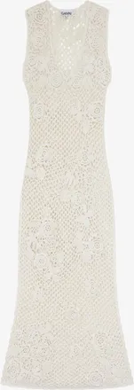 Ganni White Long Dress in Cotton Crochet - Size S Organic