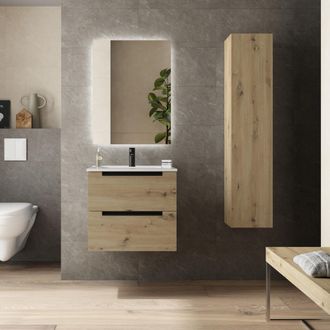 Cygnus Bath Mueble De Ba&ntilde;o Leni 70cm Roble 2 Cajones Lavabo 1 Poza Porcelana