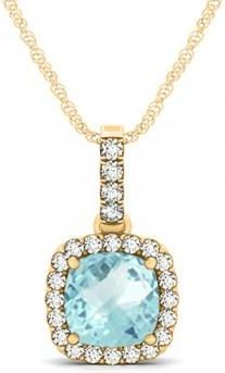 Allurez Aquamarine & Diamond Halo Cushion Pendant Necklace 14k Yellow Gold (1.47ct)