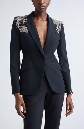 Alexander McQueen Silver Tattoo Peak Shoulder Blazer in Black at Nordstrom, Size 10 Us