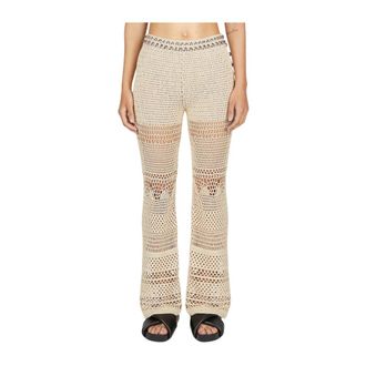 Paco Rabanne Wide Trousers, female, Beige, Size: M Beaded Crochet Pants with Cut-Out Motif