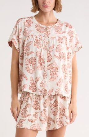 Splendid Short Sleeve Button-Up Top in Off White Tropical Print at Nordstrom Rack, Size X-Large