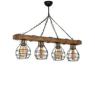 Concept Usine L&aacute;mpara colgante de alambre con 4 l&aacute;mparas de madera y metal