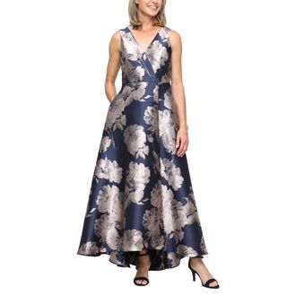 S.L. Fashions Floral Sleeveless Jacquard Gown in Navy/Taupe at Nordstrom, Size 12P
