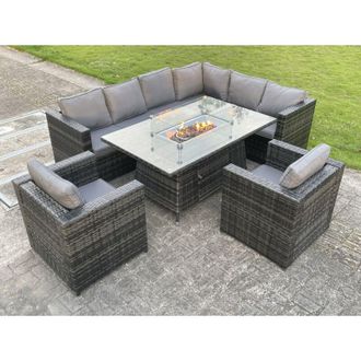 Fimous Fimous Outdoor Rattan Garden Furniture Corner Sofa Burner Gas Fire Pit Table Sets Gas Heater Lounge Chairs Dark Grey 8 Seater
