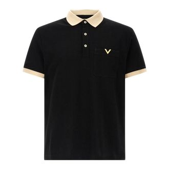 Valentino Garavani Polo Shirt In Cotton Piquet With Vgold - male - Valentino Garavani - Polo Shirts - Black - L - Tops