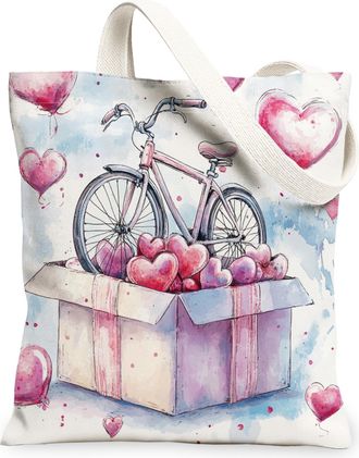 Generic Valentines Day Heart Canvas Tote Bags, Bike Love Pattern Reusable Grocery Bags, Romantic Artistic Lightweight Washable Canvas for Travel 13x15 Inch