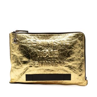 Chanel Pre-owned Womens Metallic Crinkled Calfskin Feministe Mais Feminine Pouch - Beige Leather - One Size