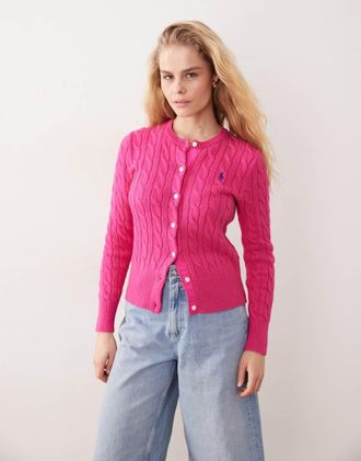Polo Ralph Lauren Cardigan lavorato in cotone a trecce rosa con logo
