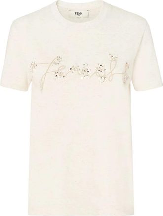 Fendi Rhinestone Logo T-shirts en Polos - Dames - T-shirts - Beige - L - Katoen - Tops