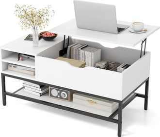 Costway Costway - Mesa de Centro Elevable, Mesa de Café con Compartimento Oculto y Estante de Almacenamiento Extraíble, y Estante Inferior, Mesita de Salón