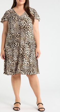 Anne Klein Leopard Print V-Neck Swing Dress in Anne Black Multi at Nordstrom, Size 0 X