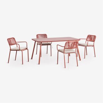 Sklum Set De Mesa Rectangular 160x90 Cm Y 4 Sillas De Comedor Apilables En Cuerda Trenzada Arhiza Sklum