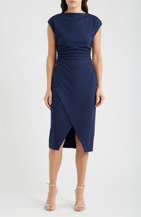 Vince Camuto Cap Sleeve Ruched Scuba Crepe Midi Dress in Navy at Nordstrom, Size 12