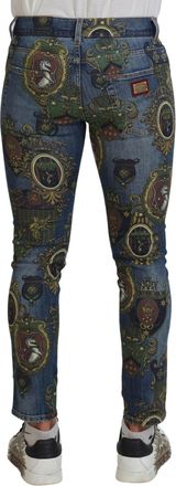 Dolce & Gabbana Mens Blue Medal Print Slim Fit Cotton Jeans Clothing